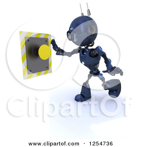 Clipart of a 3d Blue Android Robot Pushing a Yellow Button - Royalty Free Illustration by KJ Pargeter