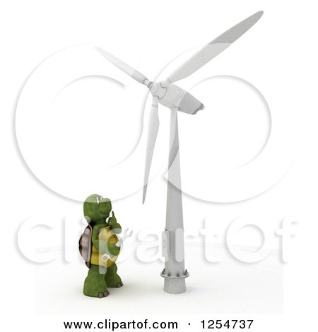 Clipart of a 3d Tortoise Technician Looking up at a Wind Turbine - Royalty Free Illustration by KJ Pargeter