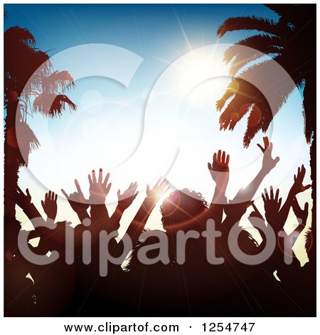 Clipart of a Crowd of Silhouetted Dancers with Palm Trees and Sunshine - Royalty Free Vector Illustration by KJ Pargeter