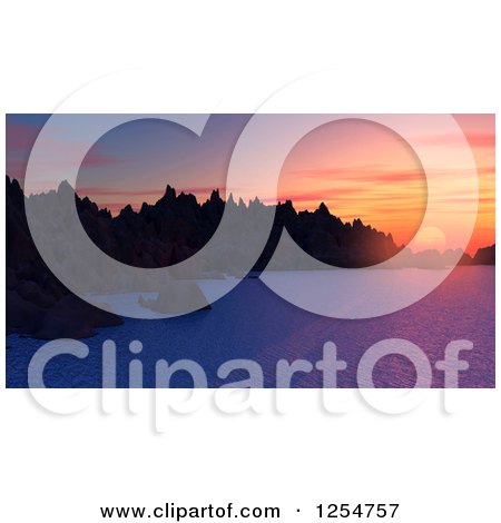 Clipart of a 3d Ocean Sunset with Mountains - Royalty Free Illustration by KJ Pargeter