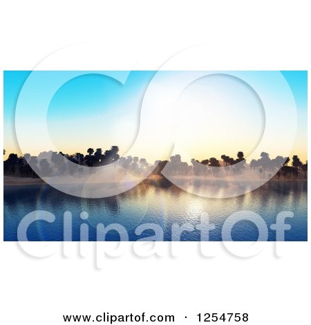Clipart of a 3d Island with Palm Trees and Sun Flares - Royalty Free Illustration by KJ Pargeter