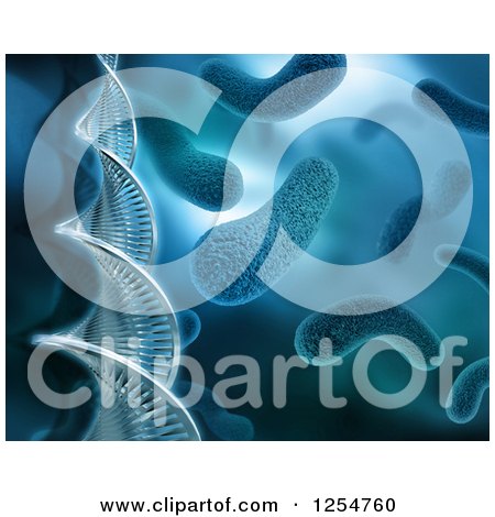 Clipart of a Blue Background of a 3d DNA Strand over Viruses - Royalty Free Illustration by KJ Pargeter