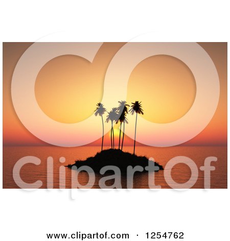 Clipart of a 3d Silhouetted Palm Tree Island at Sunset - Royalty Free Illustration by KJ Pargeter
