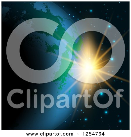 Clipart of a Fictional Planet Earth and Sunrise - Royalty Free Vector Illustration by KJ Pargeter