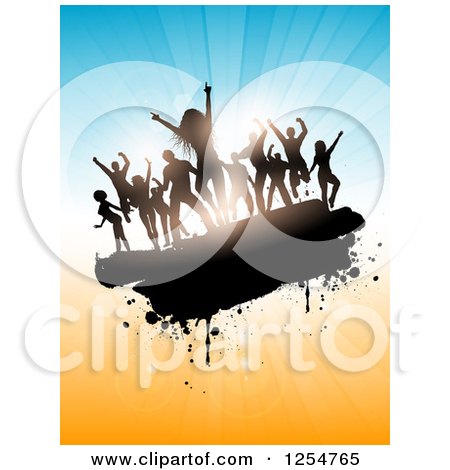 Clipart of a Group of Silhouetted Dancers over Blue and Orange Rays and Flares - Royalty Free Vector Illustration by KJ Pargeter