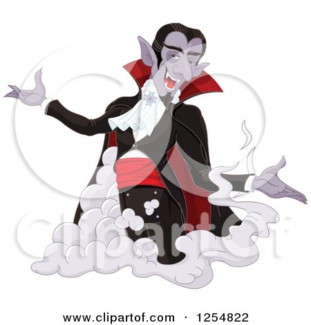 Cartoon of a Welcoming Dracula Vampire Appearing from a Cloud - Royalty Free Vector Clipart by Pushkin