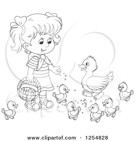 Cartoon of a Black and White Girl Feeding Ducks - Royalty Free Vector Clipart by Alex Bannykh
