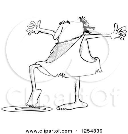 Clipart of a Black and White Caveman Testing Water with a Toe - Royalty Free Vector Illustration by djart