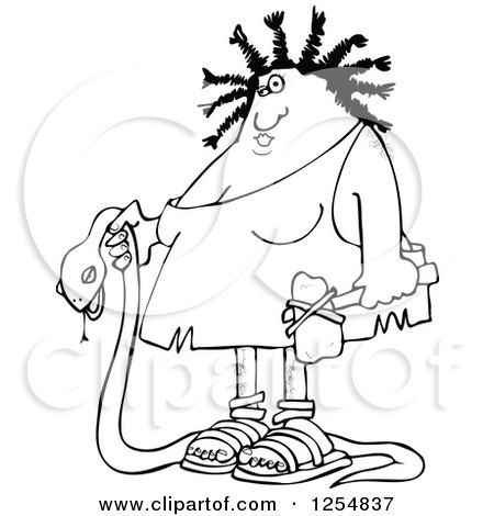 Clipart of a Black and White Caveman Woman Carrying a Dead Snake - Royalty Free Vector Illustration by djart