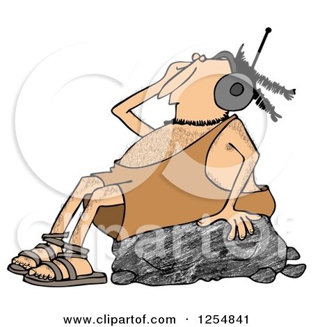 Clipart of a Caveman Wearing Headphones and Rocking out on a Boulder - Royalty Free Illustration by djart