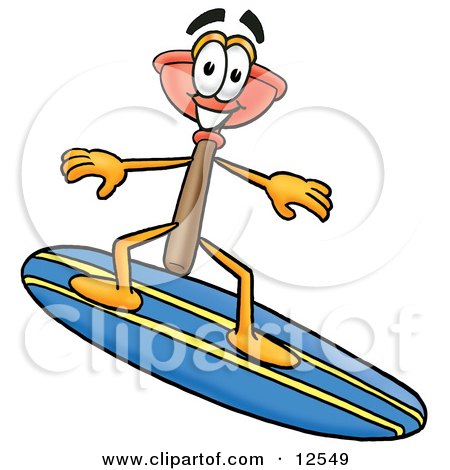 Clipart Picture of a Sink Plunger Mascot Cartoon Character Surfing on a Blue and Yellow Surfboard by Mascot Junction