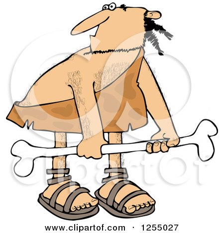 Clipart of a Hairy Caveman Carrying a Big Bone - Royalty Free Vector Illustration by djart
