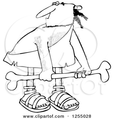 Clipart of a Black and White Hairy Caveman Carrying a Big Bone - Royalty Free Vector Illustration by djart