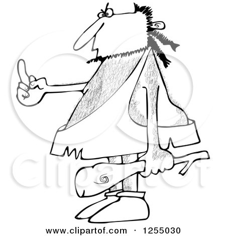 Clipart of a Black and White Hairy Caveman Holding a Club and Flipping the Bird - Royalty Free Vector Illustration by djart