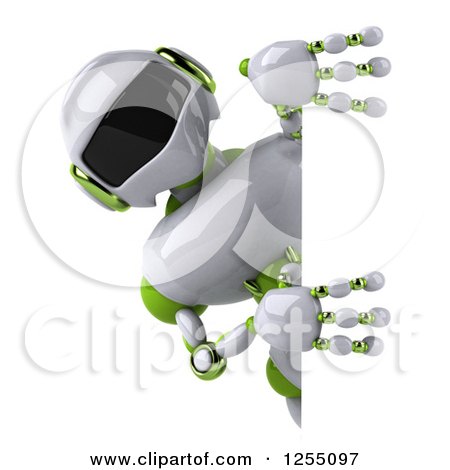 Clipart of a 3d White and Green Robot Looking Around a Sign - Royalty Free Illustration by Julos