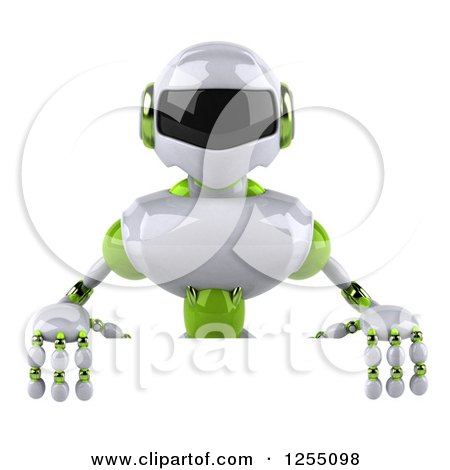 Clipart of a 3d White and Green Robot over a Sign - Royalty Free Illustration by Julos