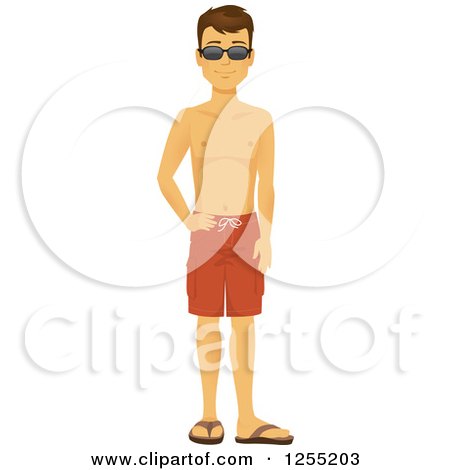 Clipart of a Happy Caucasian Summer Man in Swim Trunks and Sunglasses - Royalty Free Vector Illustration by Amanda Kate