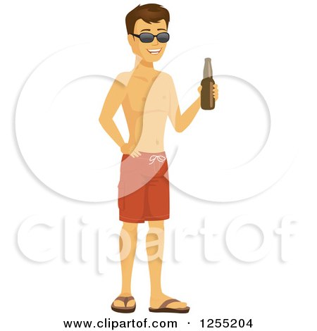Clipart of a Happy Caucasian Summer Man in Swim Trunks and Sunglasses, Holding a Beer - Royalty Free Vector Illustration by Amanda Kate