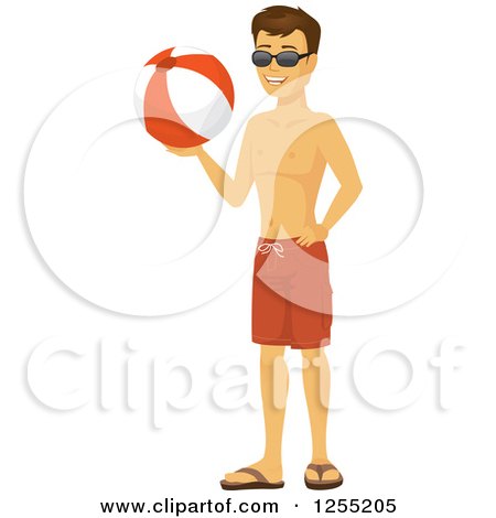 Clipart of a Happy Caucasian Summer Man in Swim Trunks and Sunglasses, Holding a Beach Ball - Royalty Free Vector Illustration by Amanda Kate