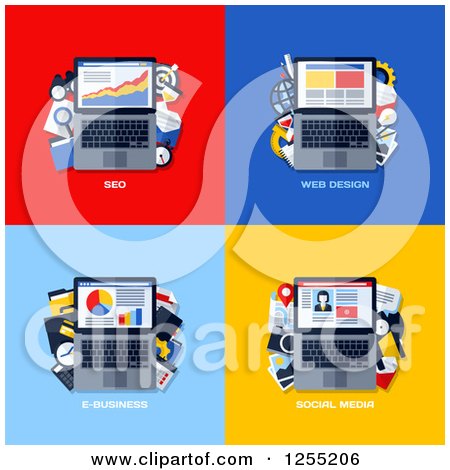 Clipart of Laptop Social Media Business and Seo Icons - Royalty Free Vector Illustration by elena