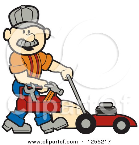 Clipart of a Male Caucasian Handyman with a Tool Box and Lawn Mower - Royalty Free Vector Illustration by Andy Nortnik