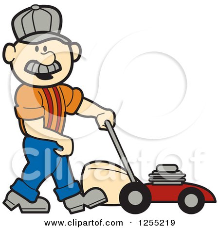 Clipart of a Male Caucasian Handyman with a Lawn Mower - Royalty Free Vector Illustration by Andy Nortnik