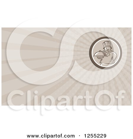 Clipart of a Retro Woodcut Chef Holding a Platter Business Card Design - Royalty Free Illustration by patrimonio