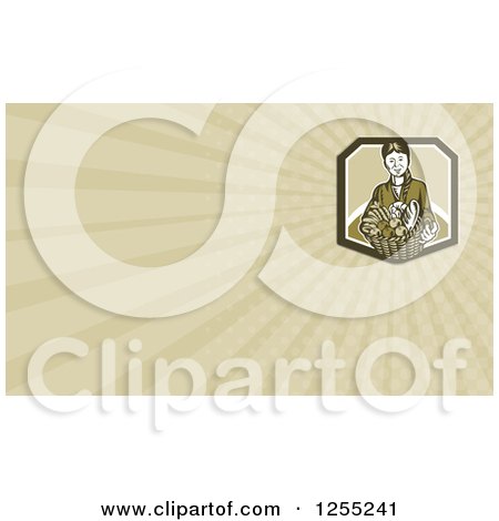 Clipart of a Retro Woodcut Woman and Harvest Basket Business Card Design - Royalty Free Illustration by patrimonio