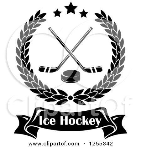 Clipart of a Black and White Laurel Wreath with Hockey Sticks and a Puck over a Text Banner - Royalty Free Vector Illustration by Vector Tradition SM