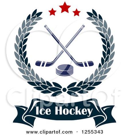 Clipart of a Laurel Wreath with Hockey Sticks and a Puck over a Text Banner - Royalty Free Vector Illustration by Vector Tradition SM