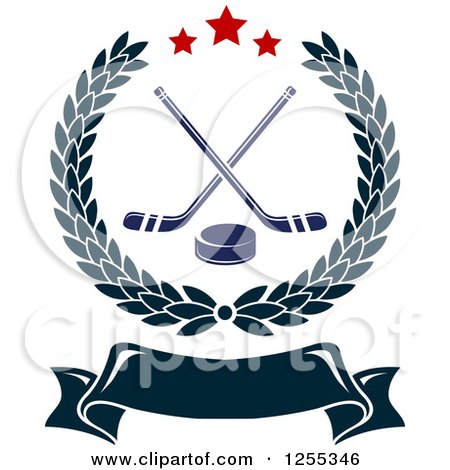 Clipart of a Laurel Wreath with Hockey Sticks and a Puck over a Blank Banner - Royalty Free Vector Illustration by Vector Tradition SM