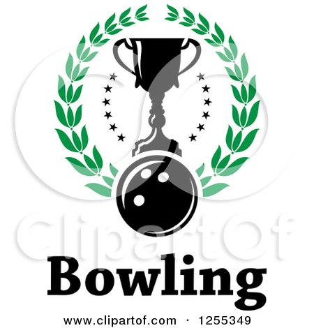 Clipart of a Bowling Ball and Trophy Cup in a Laurel Wreath over Text - Royalty Free Vector Illustration by Vector Tradition SM