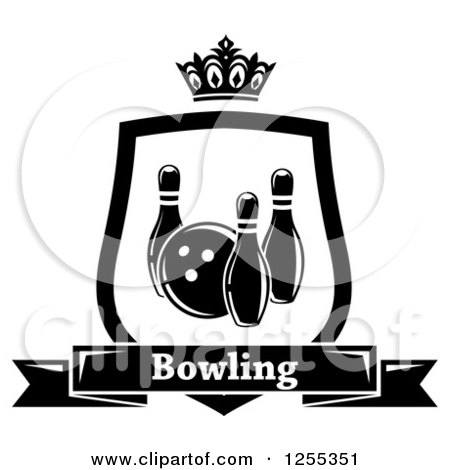 Clipart of a Black and White Bowling Shield with a Crown and Text Banner - Royalty Free Vector Illustration by Vector Tradition SM