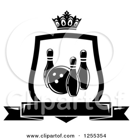 Clipart of a Black and White Bowling Shield with a Crown and Banner - Royalty Free Vector Illustration by Vector Tradition SM