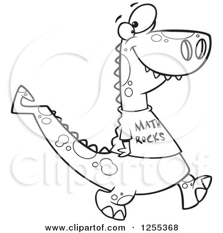 Clipart of a Black and White Smart Dinosaur Wearing a Math Rocks Shirt - Royalty Free Vector Illustration by toonaday