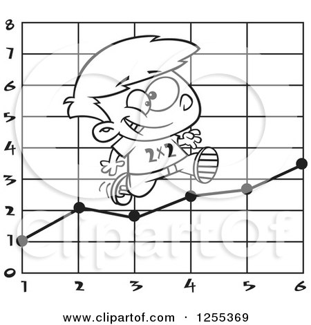 Clipart of a Black and White School Boy Running on a Multiplication Graph - Royalty Free Vector Illustration by toonaday
