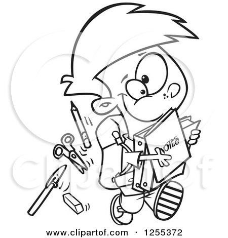 Clipart of a Black and White School Boy Running with His Accessories - Royalty Free Vector Illustration by toonaday
