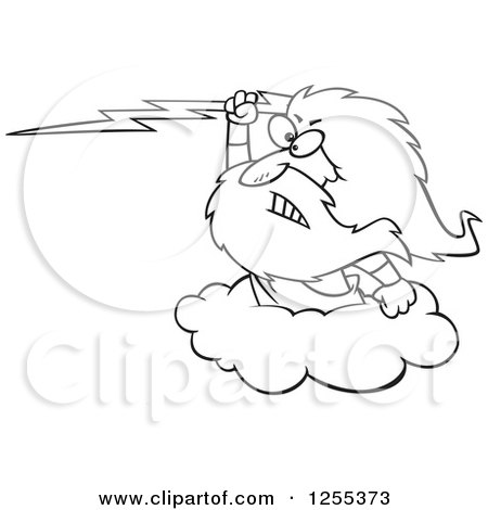 Clipart of a Black and White Zeus Holding a Lightning Bolt on a Cloud - Royalty Free Vector Illustration by toonaday