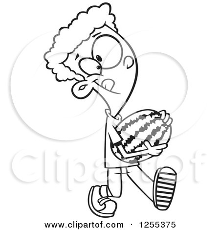 Clipart of a Black and White Boy Carrying a Watermelon - Royalty Free Vector Illustration by toonaday
