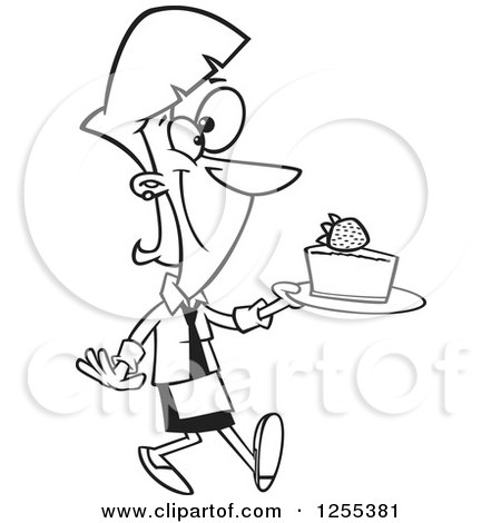 Clipart of a Black and White Chef Woman Serving a Slice of Cheesecake - Royalty Free Vector Illustration by toonaday