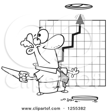 Clipart of a Black and White Businessman Cutting a Hole in the Ceiling for a Growth Chart - Royalty Free Vector Illustration by toonaday