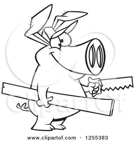 Clipart of a Black and White Carpenter Pig Holding Lumber and a Saw - Royalty Free Vector Illustration by toonaday
