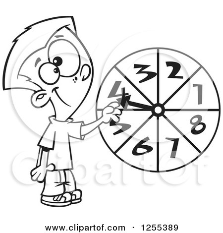 Clipart of a Black and White School Boy Spinning a Probability Wheel - Royalty Free Vector Illustration by toonaday