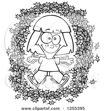 Clipart of a Black and White Girl Making an Angel in Autumn Leaves - Royalty Free Vector Illustration by toonaday