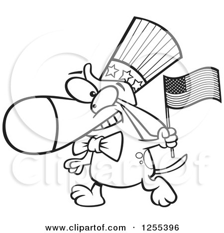 Clipart of a Black and White Patriotic American Dog with a Flag - Royalty Free Vector Illustration by toonaday
