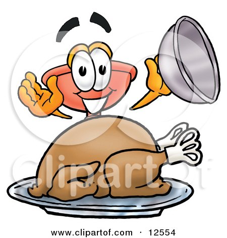 Clipart Picture of a Sink Plunger Mascot Cartoon Character Serving a Thanksgiving Turkey on a Platter by Mascot Junction