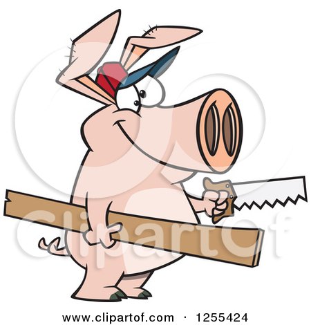 Clipart of a Carpenter Pig Holding Lumber and a Saw - Royalty Free Vector Illustration by toonaday