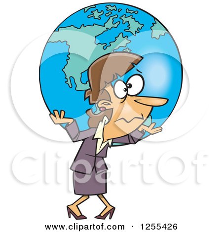 Clipart of a Caucasian Businesswoman Carrying Earth As a Burden - Royalty Free Vector Illustration by toonaday