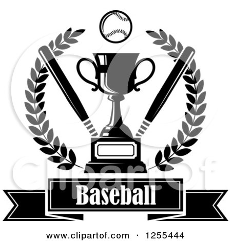 Clipart of a Black and White Championship Trophy with Bats and a Baseball in a Wreath over Text - Royalty Free Vector Illustration by Vector Tradition SM