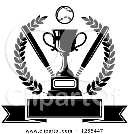 Clipart of a Black and White Championship Trophy with Bats and a Baseball in a Wreath over a Banner - Royalty Free Vector Illustration by Vector Tradition SM
